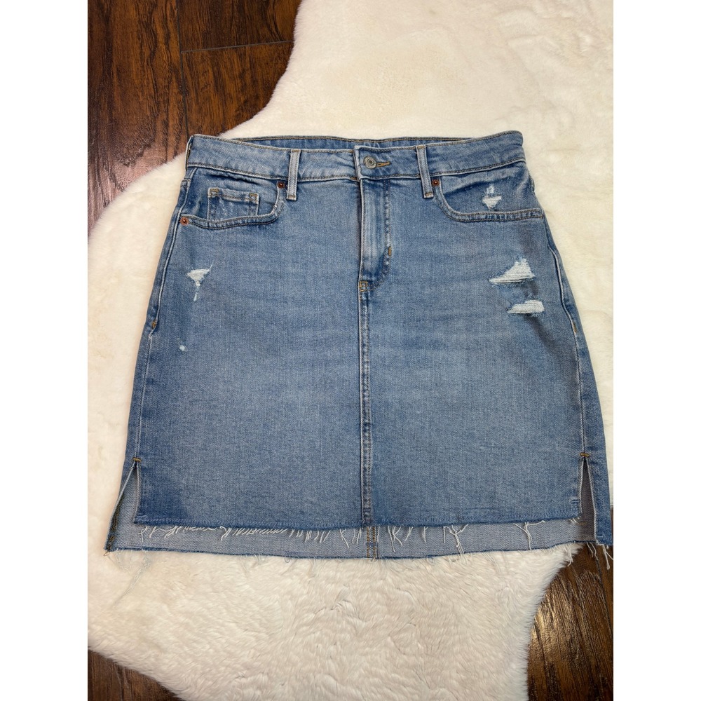 Old Navy Denim Skirt 6 Light Wash Distressed‎ High Rise Raw Hem Stretch Womens